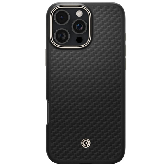 Pouzdro Spigen pro iPhone 16 Pro, Enzo Aramid MagSafe, carbon černé + 9H tvrzené sklo