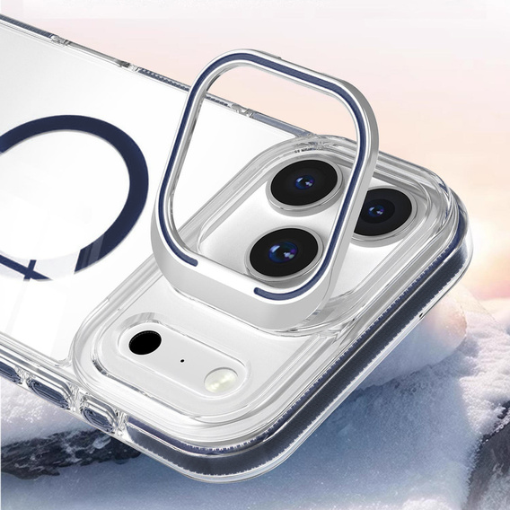 Pouzdro pro iPhone 17 Pro Max, pro MagSafe, se stojánkem, průhledné s tmavě modrými vložkami