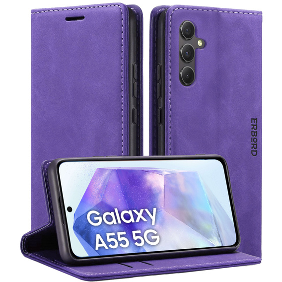 Pouzdro pro Samsung Galaxy A55, ERBORD Vintage peněženka s klopou, fialové + sklo na displej