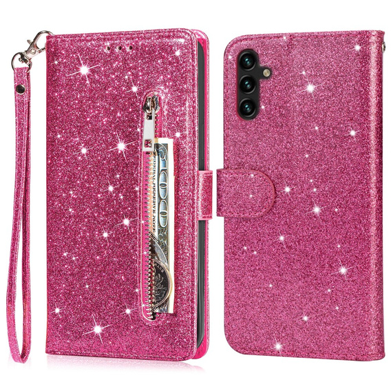 Klopové pouzdro pro Samsung Galaxy A36 5G, Wallet Zipper Pocket Glittery, růžové