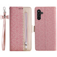 Flipové pouzdro pro Samsung Galaxy A55 5G, Wallet Pocket Zipper Lace, růžové