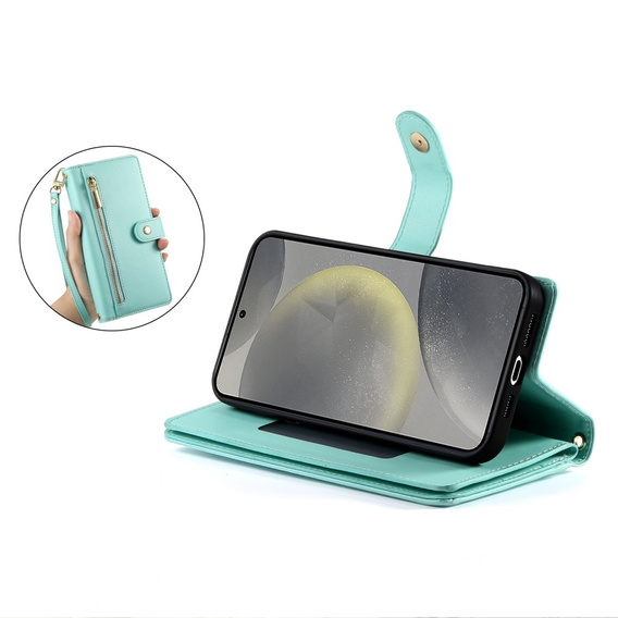 Klopové pouzdro pro Samsung Galaxy S25+ Plus, Wallet Zipper Pocket, zelené