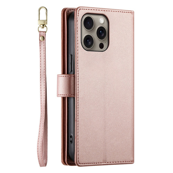 Klopové pouzdro pro iPhone 16 Pro Max, Wallet Zipper Pocket, růžové