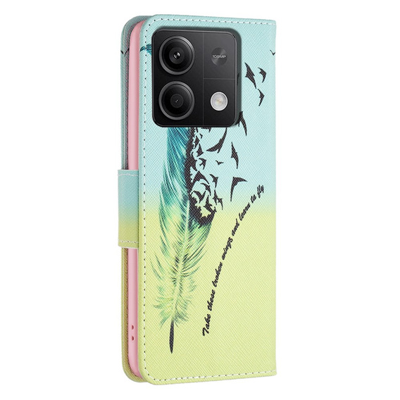 Klopové pouzdro pro Xiaomi Redmi Note 13 5G, Wallet, Feather modré / žluté