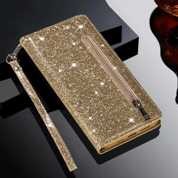 Klopové pouzdro pro Samsung Galaxy A56 5G, Wallet Zipper Pocket Glittery, zlaté