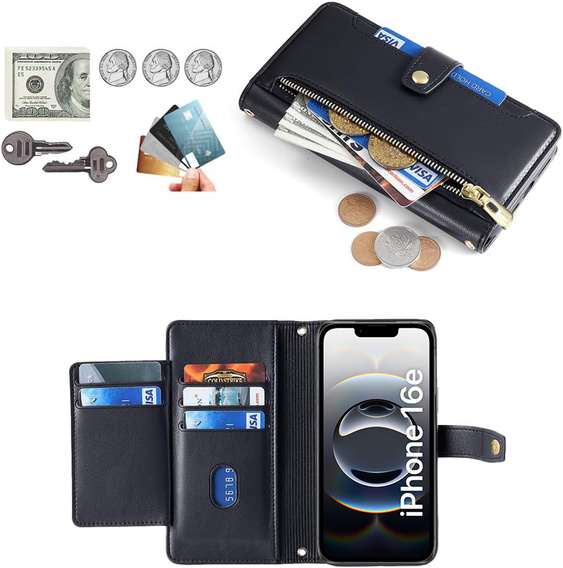 Klopové pouzdro pro iPhone 16E, Wallet Zipper Pocket, černé