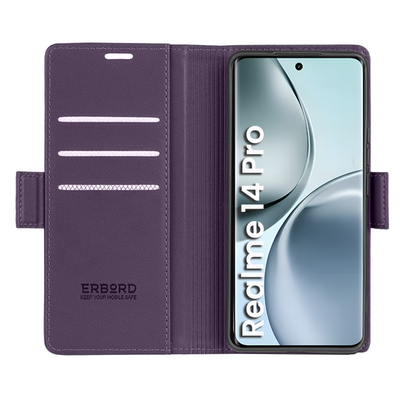 Pouzdro pro Realme 14 Pro 5G, ERBORD Glossy Litchi, flipová peněženka, fialové