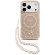 Pouzdro Guess IML Flowers Electroplated Allover With Beads Strap, pro MagSafe, s páskem pro iPhone 17 Pro
