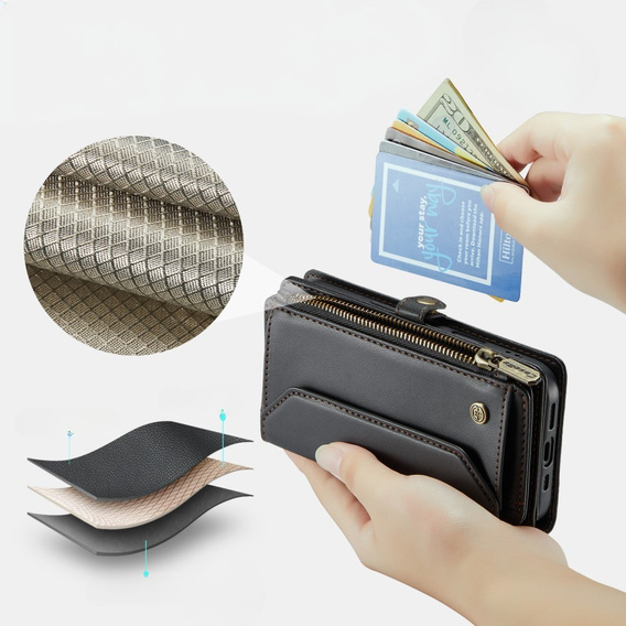 Pouzdro CASEME pro iPhone16e, RFID Leather Wallet, s popruhem přes rameno, černé