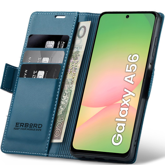 Pouzdro pro Samsung Galaxy A56, ERBORD Glossy Litchi, flipová peněženka, modré