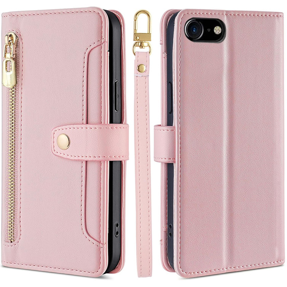 Klopové pouzdro pro iPhone 16E, Wallet Zipper Pocket, růžové