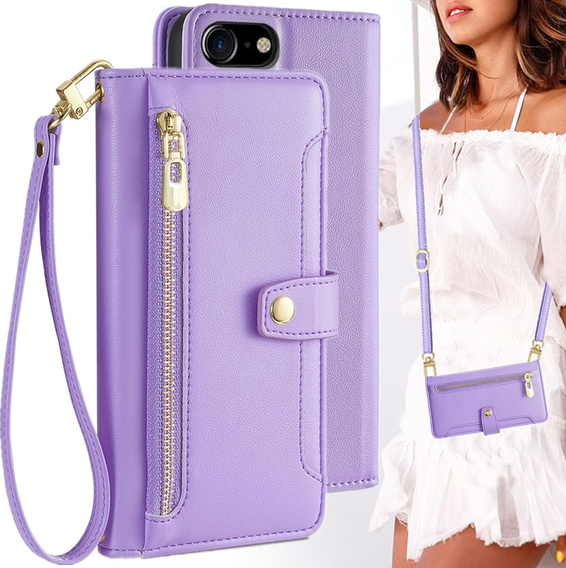Klopové pouzdro pro iPhone 16E, Wallet Zipper Pocket, fialové