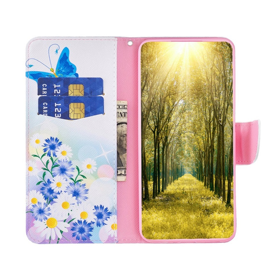 Klopové pouzdro pro Samsung Galaxy M34, Wallet, butterfly & flowers, bílé