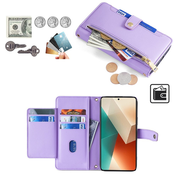 Klopové pouzdro pro Xiaomi Redmi Note 13 5G, Wallet Zipper Pocket, fialové