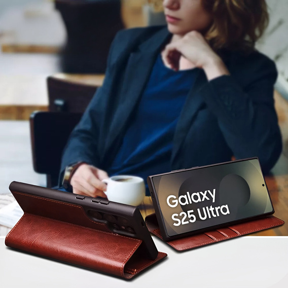 Flipové pouzdro pro Samsung Galaxy S25 Ultra, QIALINO Leather Wallet, tmavě hnědá