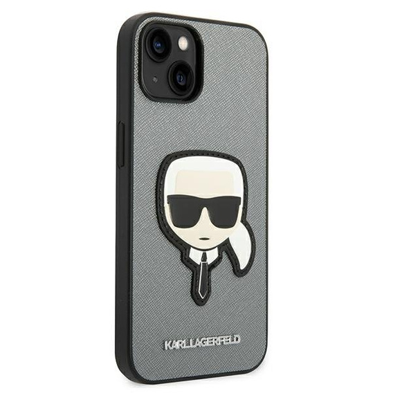 Pouzdro Karl Lagerfeld pro iPhone 14, Saffiano Karl's Head Patch, stříbrné