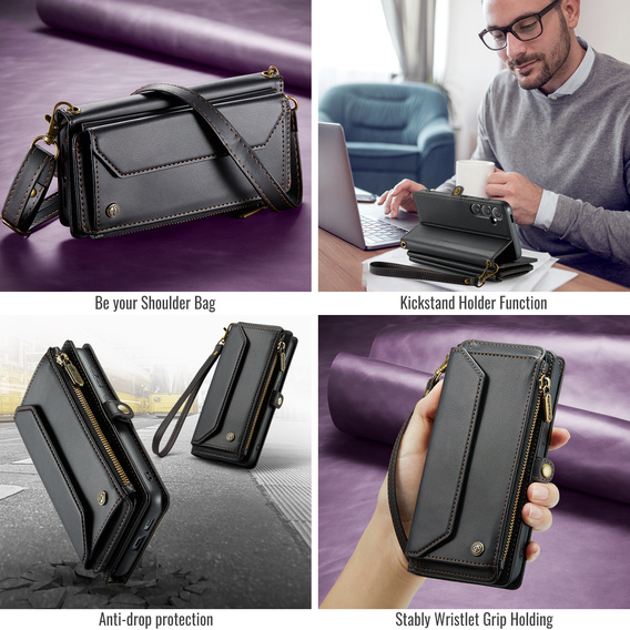 Pouzdro CASEME pro Samsung Galaxy S25 FE, RFID Leather Wallet, s popruhem přes rameno, černé