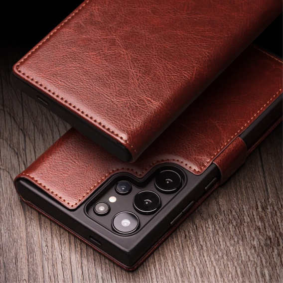 Flipové pouzdro pro Samsung Galaxy S25 Ultra, QIALINO Leather Wallet, tmavě hnědá