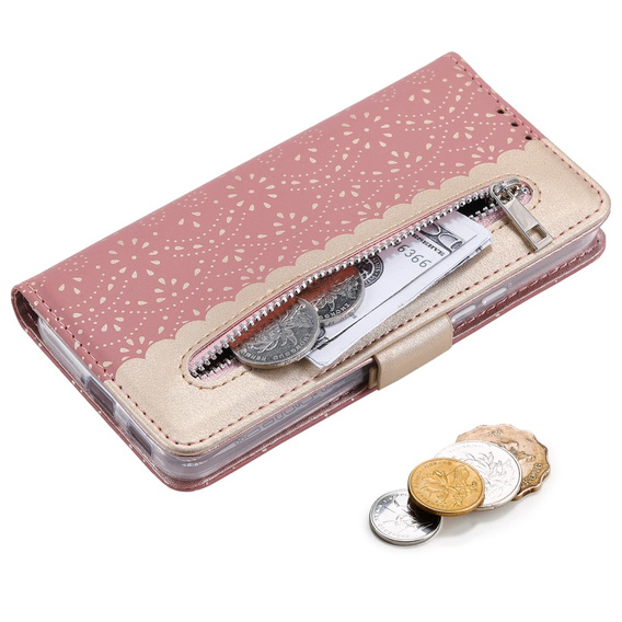 Flipové pouzdro pro Samsung Galaxy S22+ Plus 5G, Wallet Pocket Zipper Lace, růžové