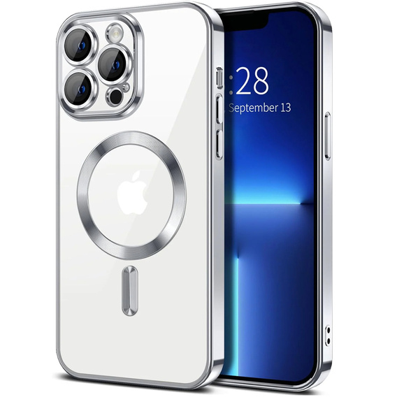 Pouzdro pro iPhone 13 Pro Max, Electro MagSafe, stříbrné + sklo na displej