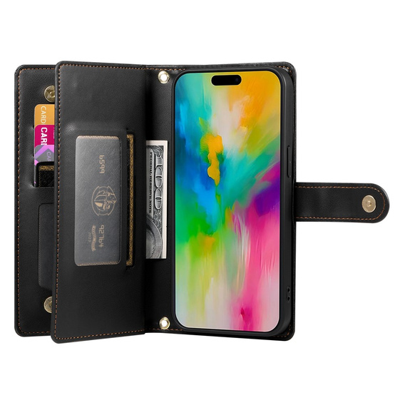 Klopové pouzdro pro iPhone 16 Pro, Wallet Zipper Pocket, černé