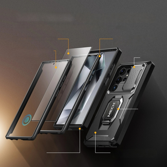 Pancéřové pouzdro pro Samsung Galaxy S24, řada TONGATE MECH s kroužkem, černé