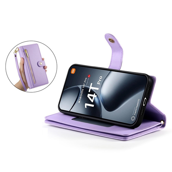 Klopové pouzdro pro Xiaomi 14T Pro, Wallet Zipper Pocket, fialové