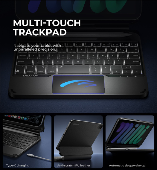 Pouzdro s klávesnicí pro iPad mini 8,3" 2021 (6. generace) / iPad mini 8,3" 2024 (7. generace), Dexnor Magnetic Keyboard Touchpad, černé