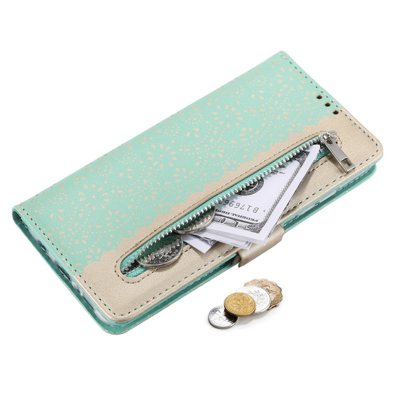 Flipové pouzdro pro Samsung Galaxy A53 5G, Wallet Pocket Zipper Lace, zelené