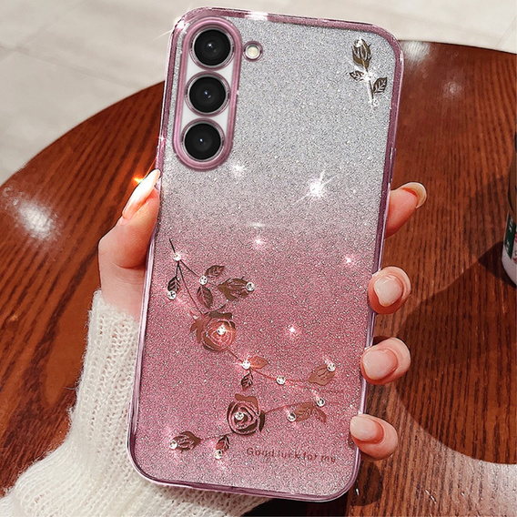 Pouzdro pro Samsung Galaxy S23, Glitter Flower, růžové rose gold
