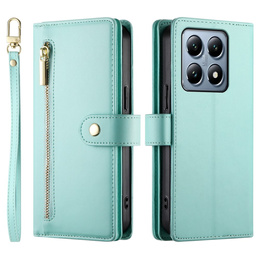 Klopové pouzdro pro Xiaomi 14T Pro, Wallet Zipper Pocket, zelené