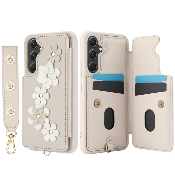Pouzdro pro Samsung Galaxy A55 5G, Leather Flower Card Slot, béžové