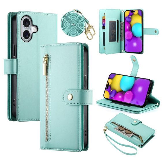 Klopové pouzdro pro iPhone 16, Wallet Zipper Pocket, zelené