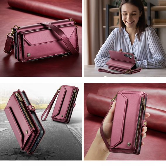 Pouzdro CASEME pro Samsung Galaxy S24 FE, RFID Leather Wallet, s popruhem přes rameno, červené