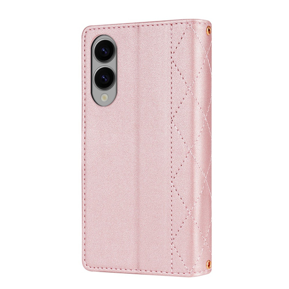 Pouzdro s klopou pro Samsung Galaxy S25 Edge, Rhombus Crossbody Leather, růžové rose gold