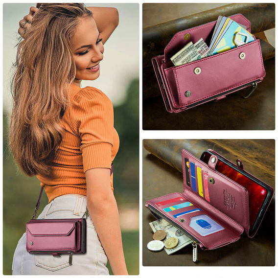 Pouzdro CASEME pro Samsung Galaxy S25 FE, RFID Leather Wallet, s popruhem přes rameno, červené