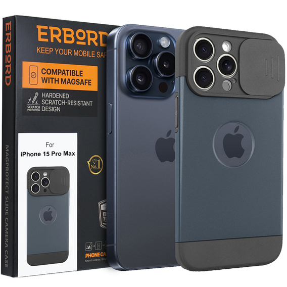 Pouzdro pro iPhone 15 Pro Max, ERBORD MagProtect Slide Camera, titanově modrá