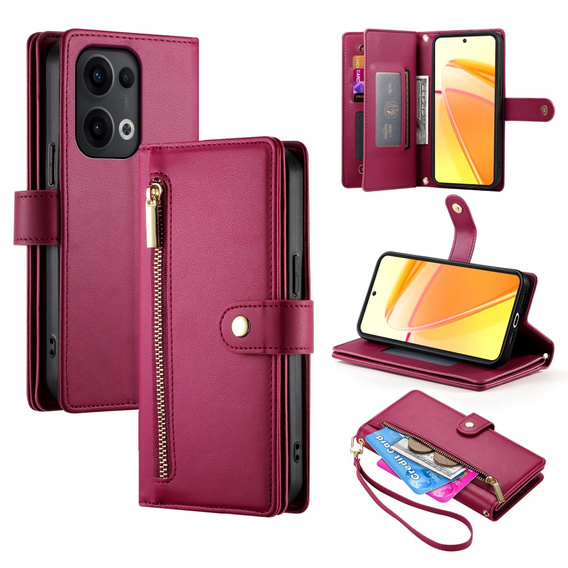 Klopové pouzdro pro Oppo Reno 13 Pro 5G, Wallet Zipper Pocket, červené