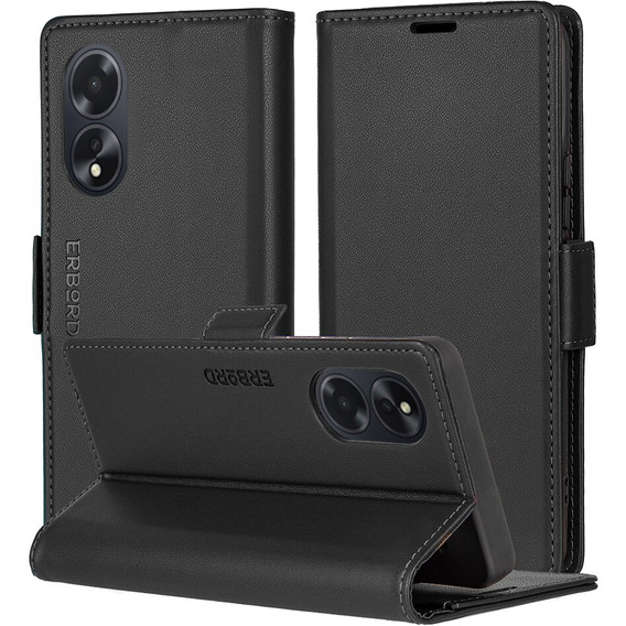 Pouzdro pro Oppo A18 4G / A38 4G, ERBORD Glossy Litchi, flipová peněženka, černé