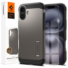 Pouzdro Spigen pro iPhone 16, Tough Armor Mag MagSafe, šedé + 9H tvrzené sklo