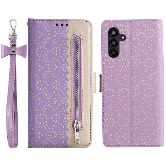 Flipové pouzdro pro Samsung Galaxy A55 5G, Wallet Pocket Zipper Lace, fialové