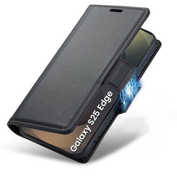 Pouzdro pro Samsung Galaxy S25 Edge, ERBORD Glossy Litchi, flipová peněženka, černé