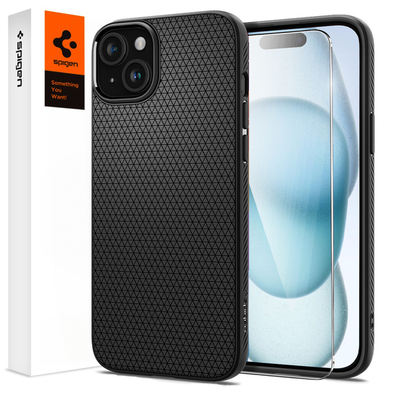 Pouzdro Spigen pro iPhone 15, Liquid Air, černé + 9H tvrzené sklo