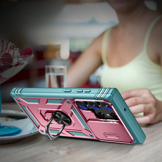 Pouzdro pro Samsung Galaxy S23 Ultra, CamShield Slide, růžové/ zelený