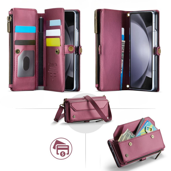 Pouzdro CASEME pro Samsung Galaxy Z Fold6 5G, RFID Leather Wallet, s popruhem přes rameno, červené
