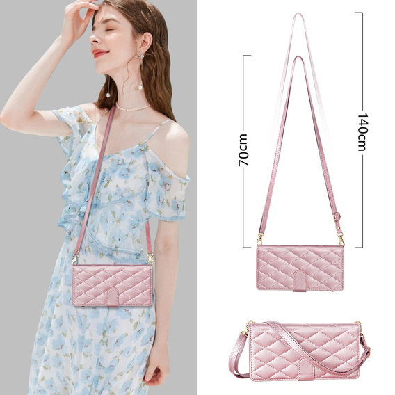 Pouzdro s klopou pro Samsung Galaxy S25 Edge, Rhombus Crossbody Leather, růžové rose gold