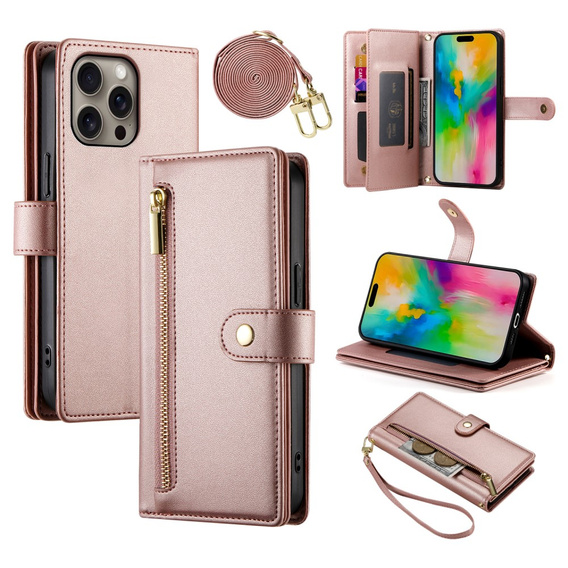 Klopové pouzdro pro iPhone 16 Pro Max, Wallet Zipper Pocket, růžové