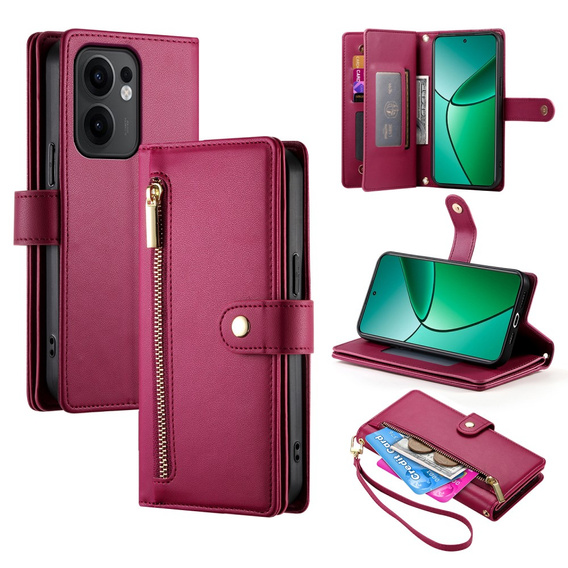 Klopové pouzdro pro Oppo Reno 13F 5G, Wallet Zipper Pocket, červené