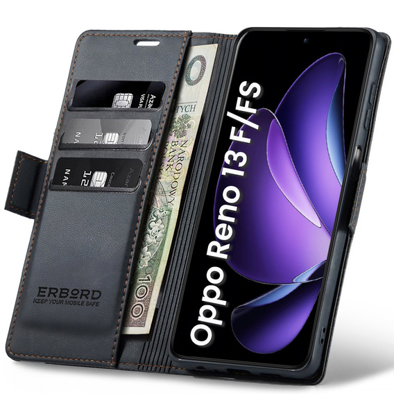 Pouzdro pro Oppo Reno 13F / Oppo Reno 13FS, ERBORD Glossy Litchi, flipová peněženka, černé