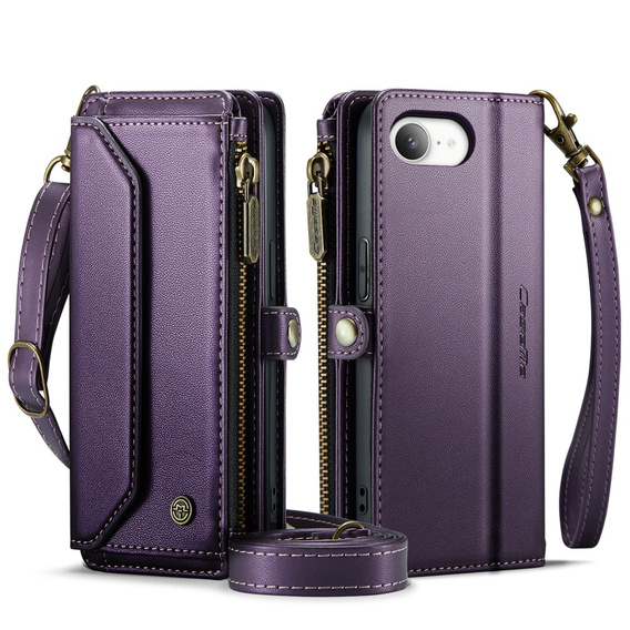 Pouzdro CASEME pro iPhone16e, RFID Leather Wallet, s popruhem přes rameno, fialové